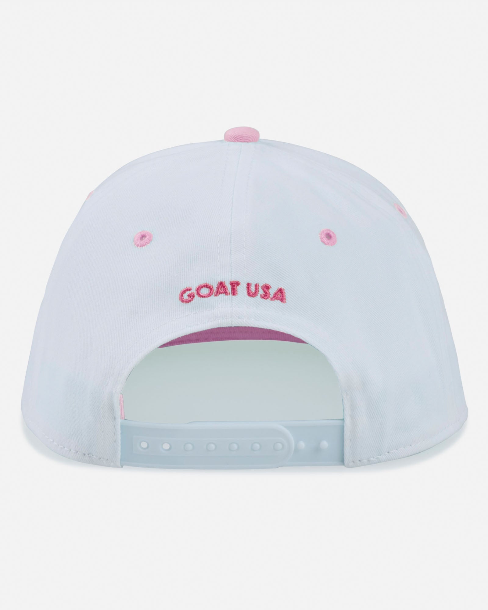 White cap with 'GOAT USA' text on a white background