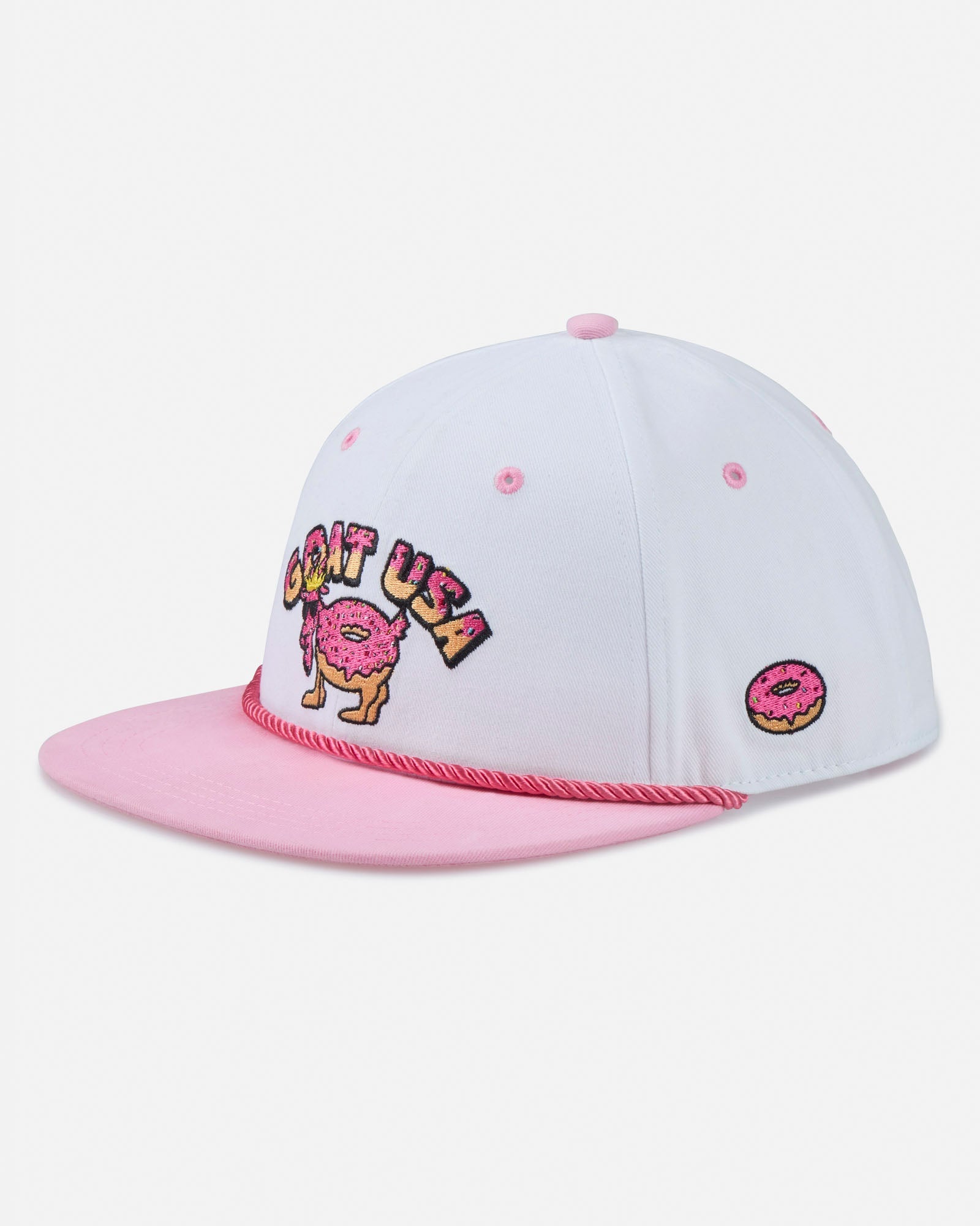 White and pink cap with 'GOAT USA' logo on a white background