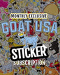 Promotional graphic for a Goat USA sticker subscription with colorful background