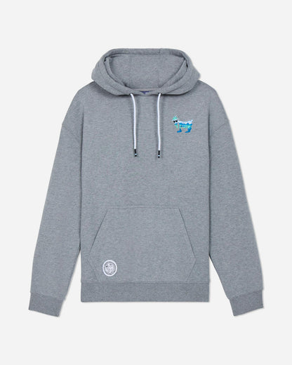 Gray hoodie with a small logo on a light gray background#color_gray