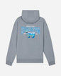Gray hoodie with a graphic design on the back against a light gray background#color_gray