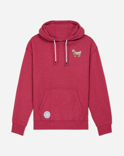Red hoodie with a small embroidered design on a light gray background#color_cardinal
