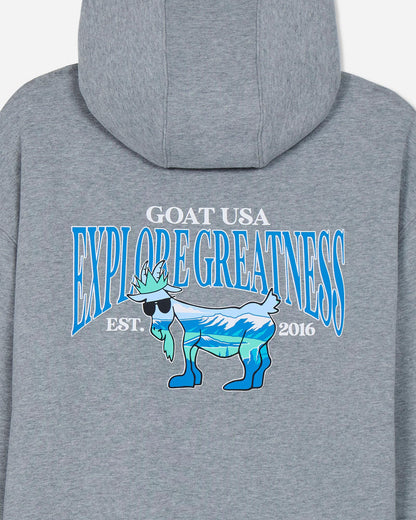 Gray hoodie with 'GOAT USA Explore Greatness' graphic on the back#color_gray