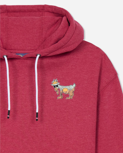 Red hoodie with a graphic design on the chest against a light gray background#color_cardinal