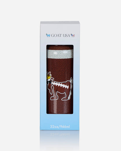 Water bottle with football goat and football pattern in white and blue packaging