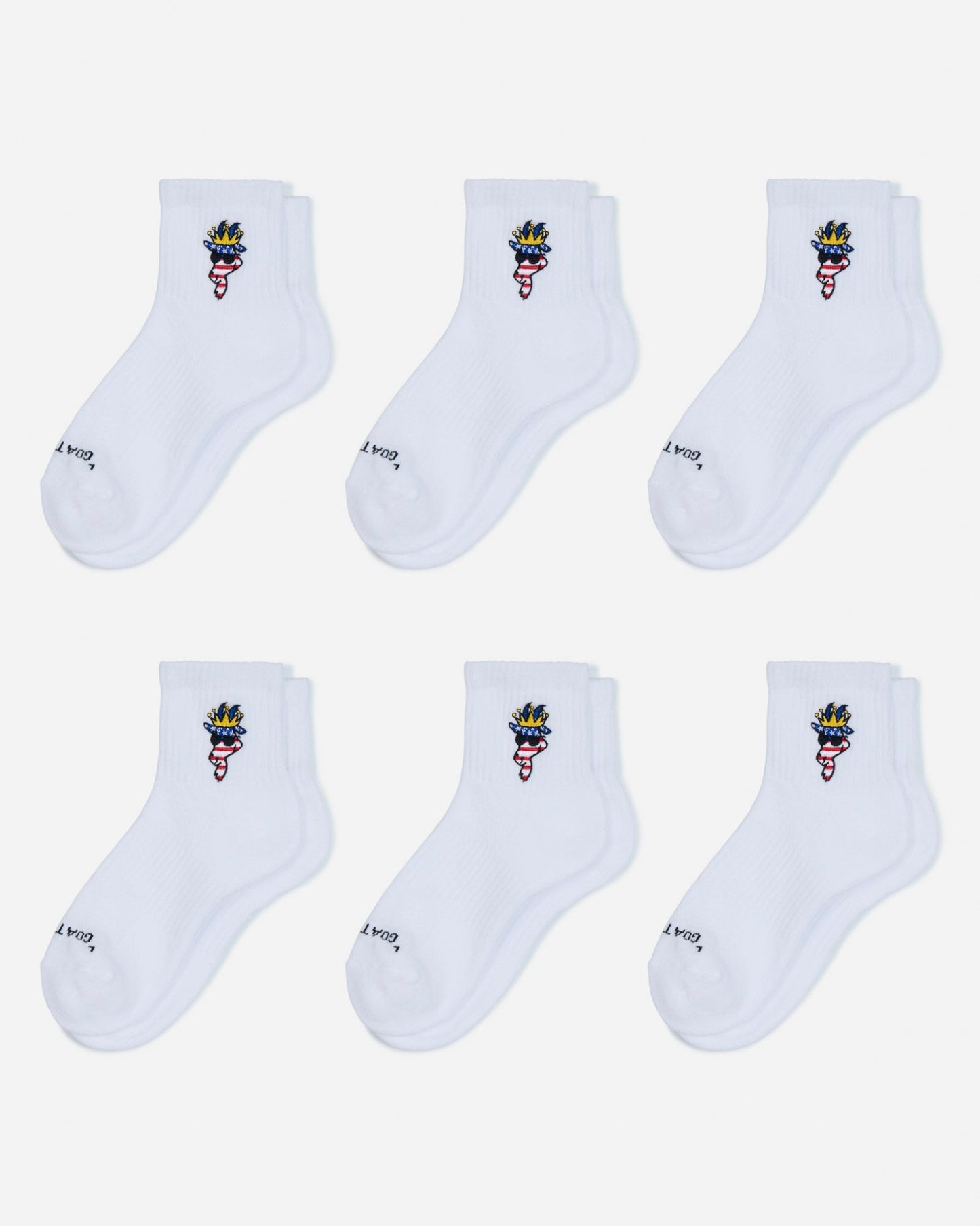 Set of six white socks with a colorful logo on a light gray background