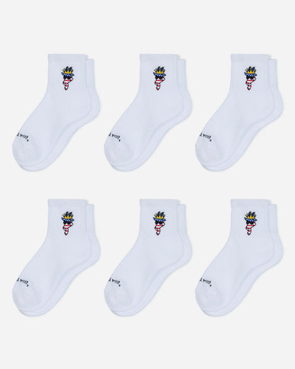 Set of six white socks with a colorful logo on a light gray background