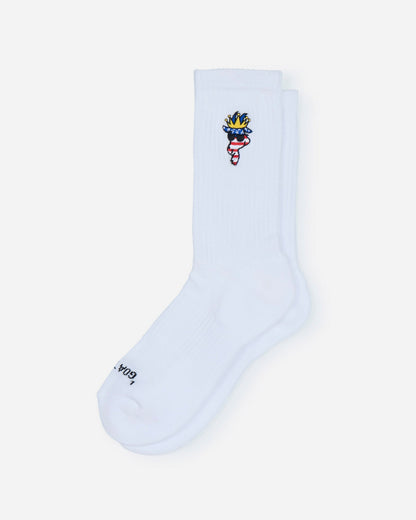 White sock with a colorful character design on a light gray background