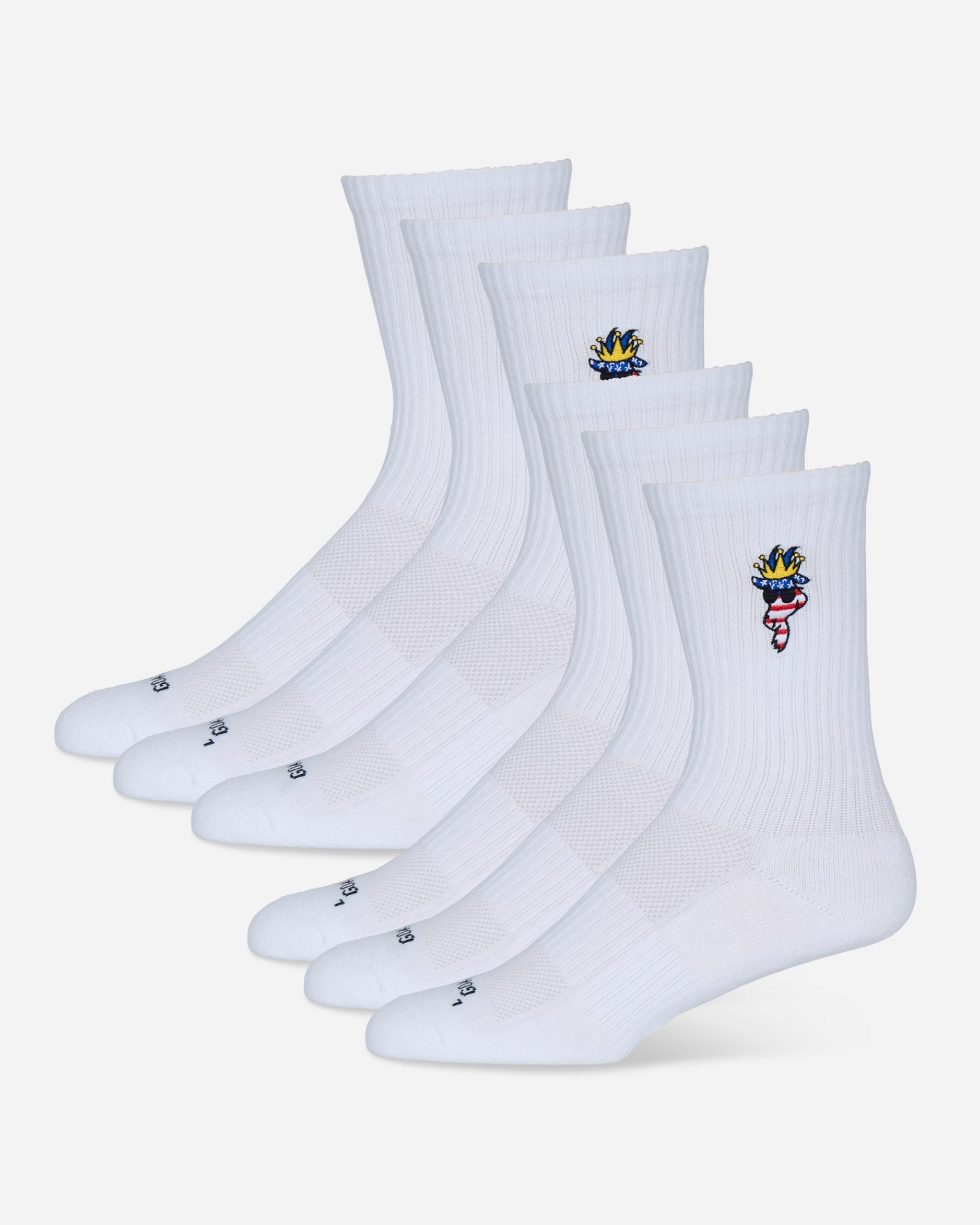 Set of white socks with embroidered designs on a light gray background
