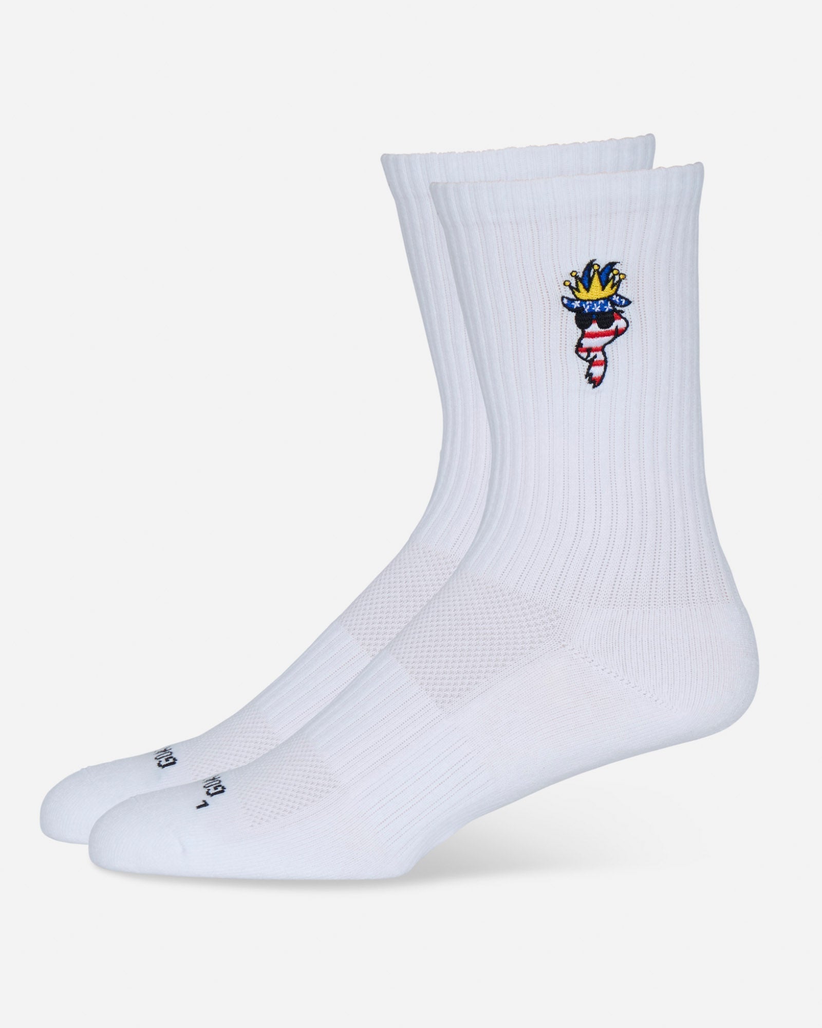 White socks with a colorful graphic on a light gray background