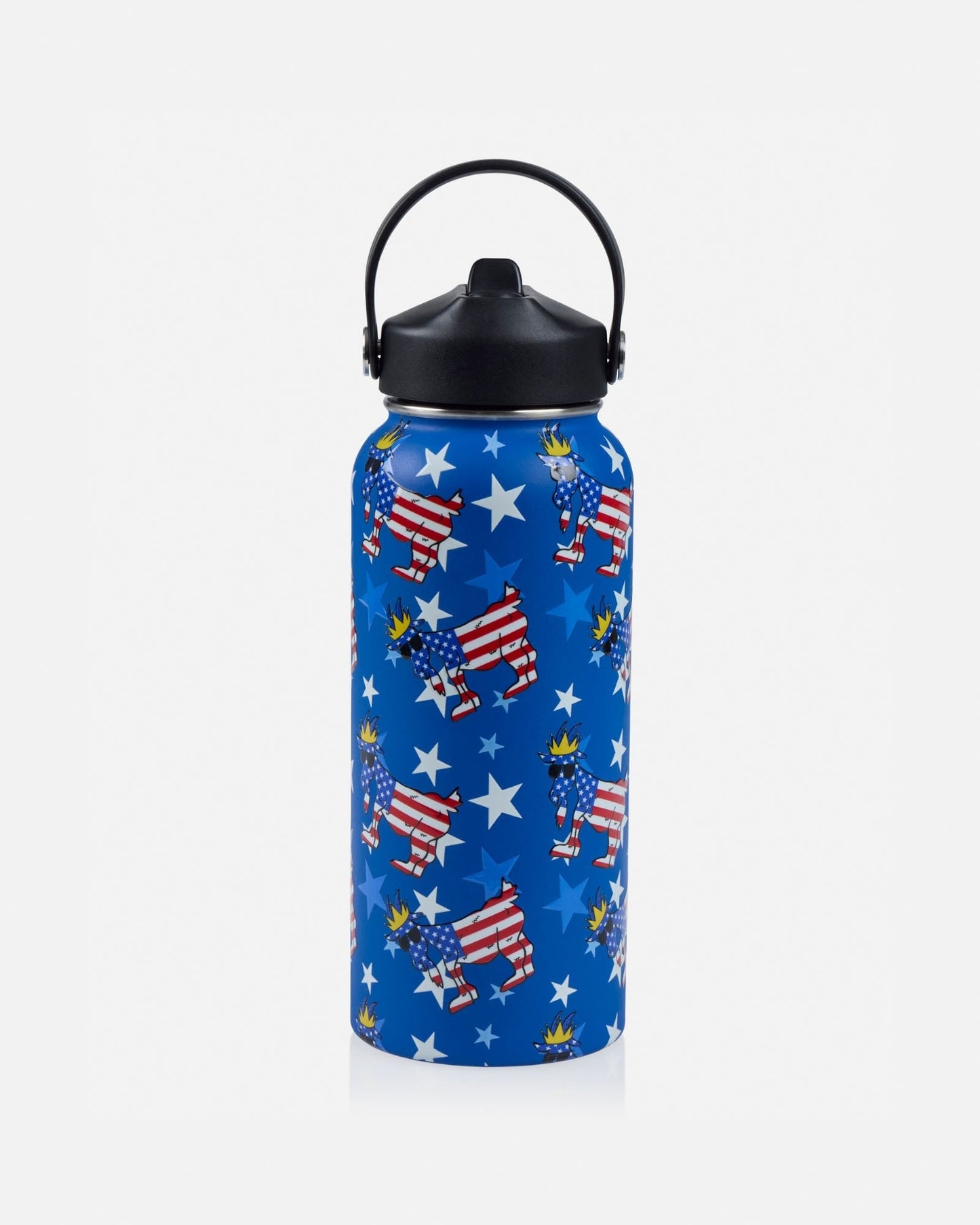 Water bottle with American flag goat design on a white background