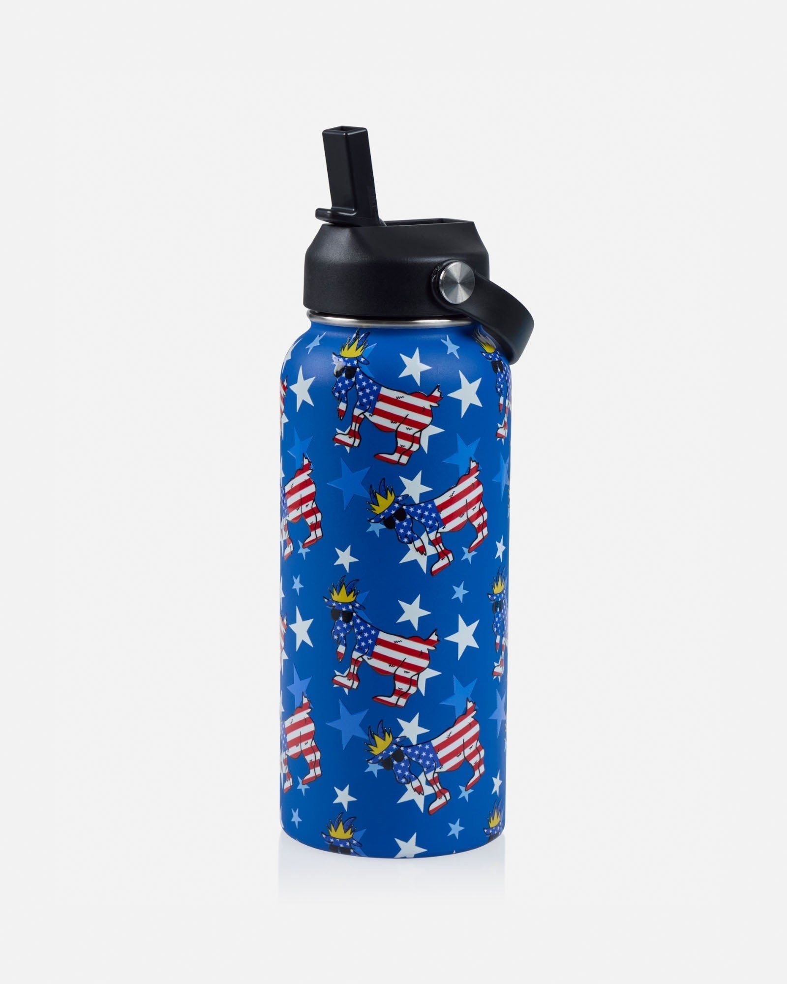 Blue water bottle with American flag goat design on a white background