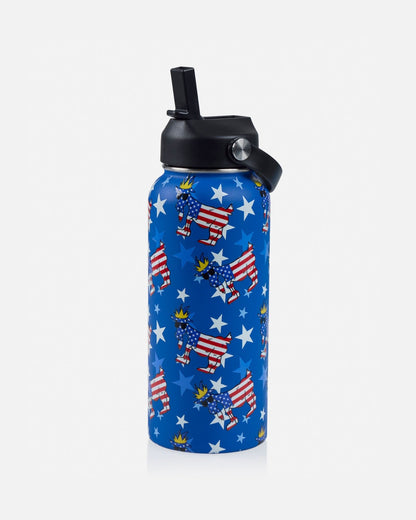 Blue water bottle with American flag goat design on a white background