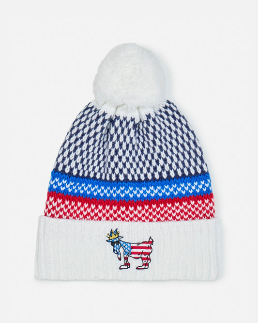 Knitted beanie with a colorful pattern and embroidered design on a white background