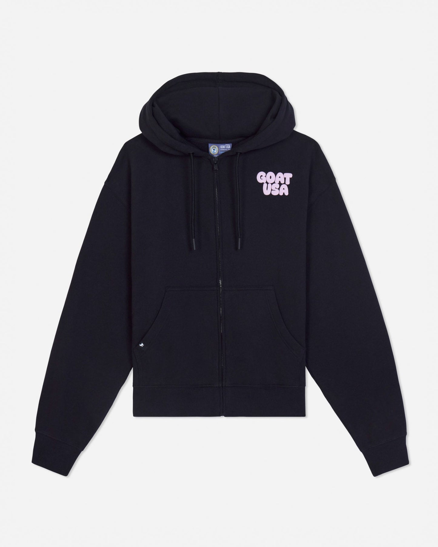 Front of black full-zip hoodie with pink 'GOAT USA' left-chest logo#color_black