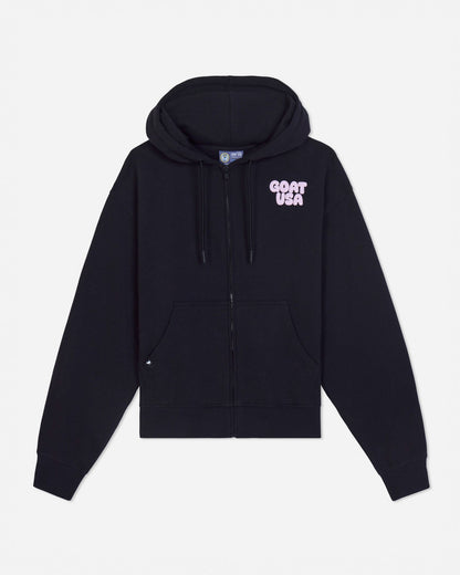 Front of black full-zip hoodie with pink 'GOAT USA' left-chest logo#color_black