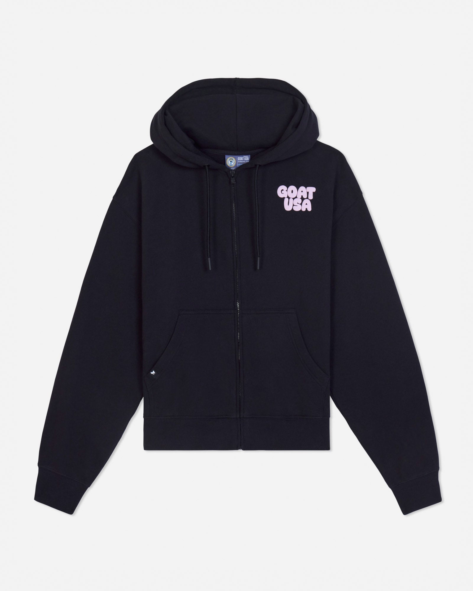 Front of black full-zip hoodie with pink 'GOAT USA' left-chest logo#color_black