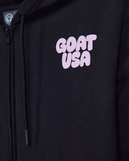 Close-up of front of black hoodie with 'GOAT USA' left-chest logo text#color_black