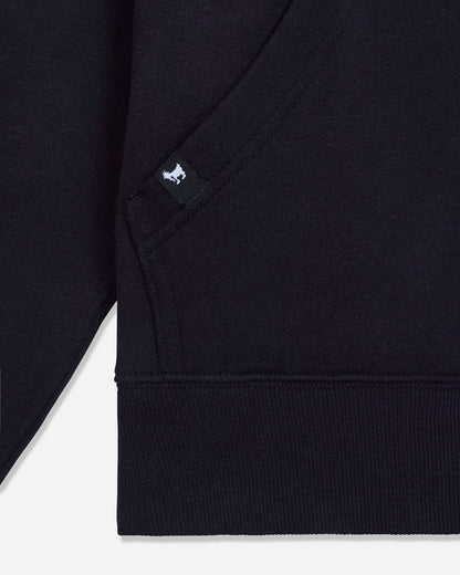 Close-up of black hoodie seam and pocket#color_black