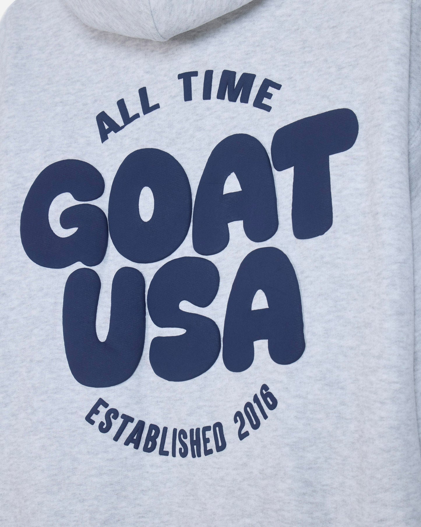 Close-up of back of gray hoodie with 'ALL TIME GOAT USA ESTABLISHED 2016' text#color_pale-gray-heather