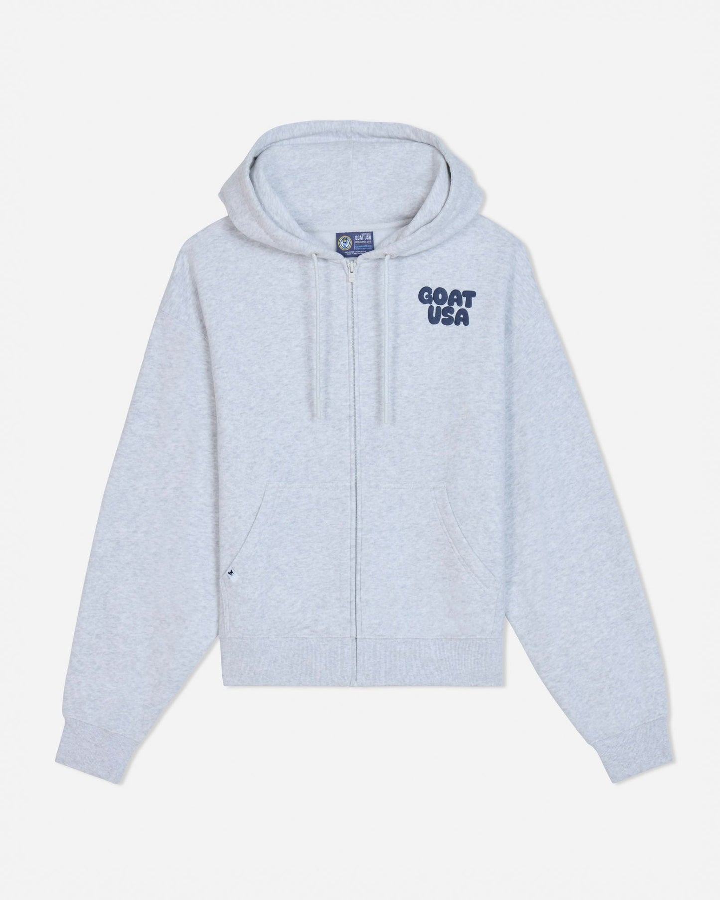 Front of gray full-zip hoodie with navy 'GOAT USA' left-chest logo#color_pale-gray-heather