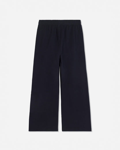 A pair of dark navy wide-leg pants with an elastic waistband, shown flat against a light gray background.#color_black