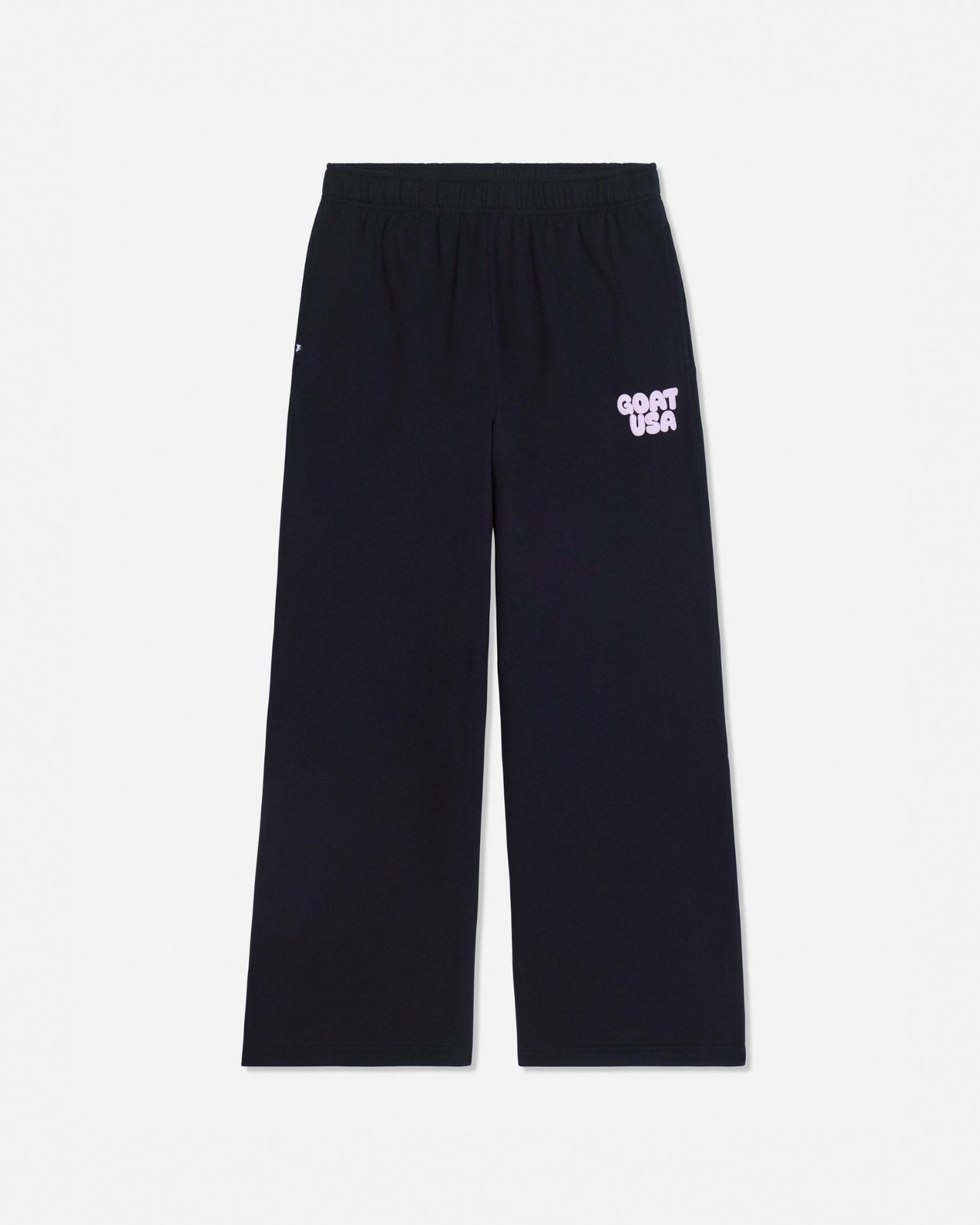 Black wide-leg sweatpants with an elastic waistband and a small white 'GOAT USA' text graphic on the left thigh, shown against a light gray background.#color_black