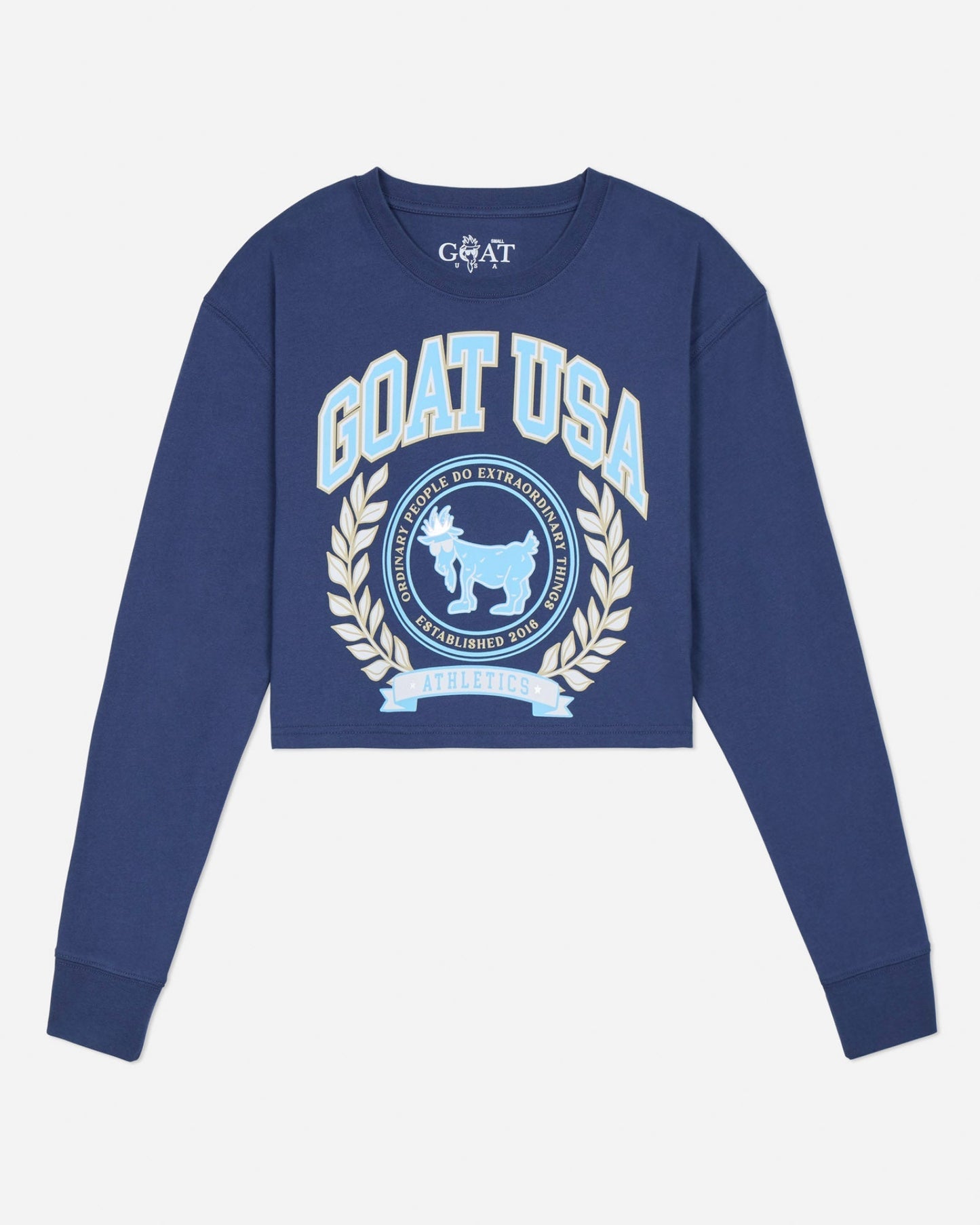 Blue long sleeve with 'GOAT USA' logo on a light gray background