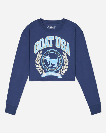 Blue long sleeve with 'GOAT USA' logo on a light gray background