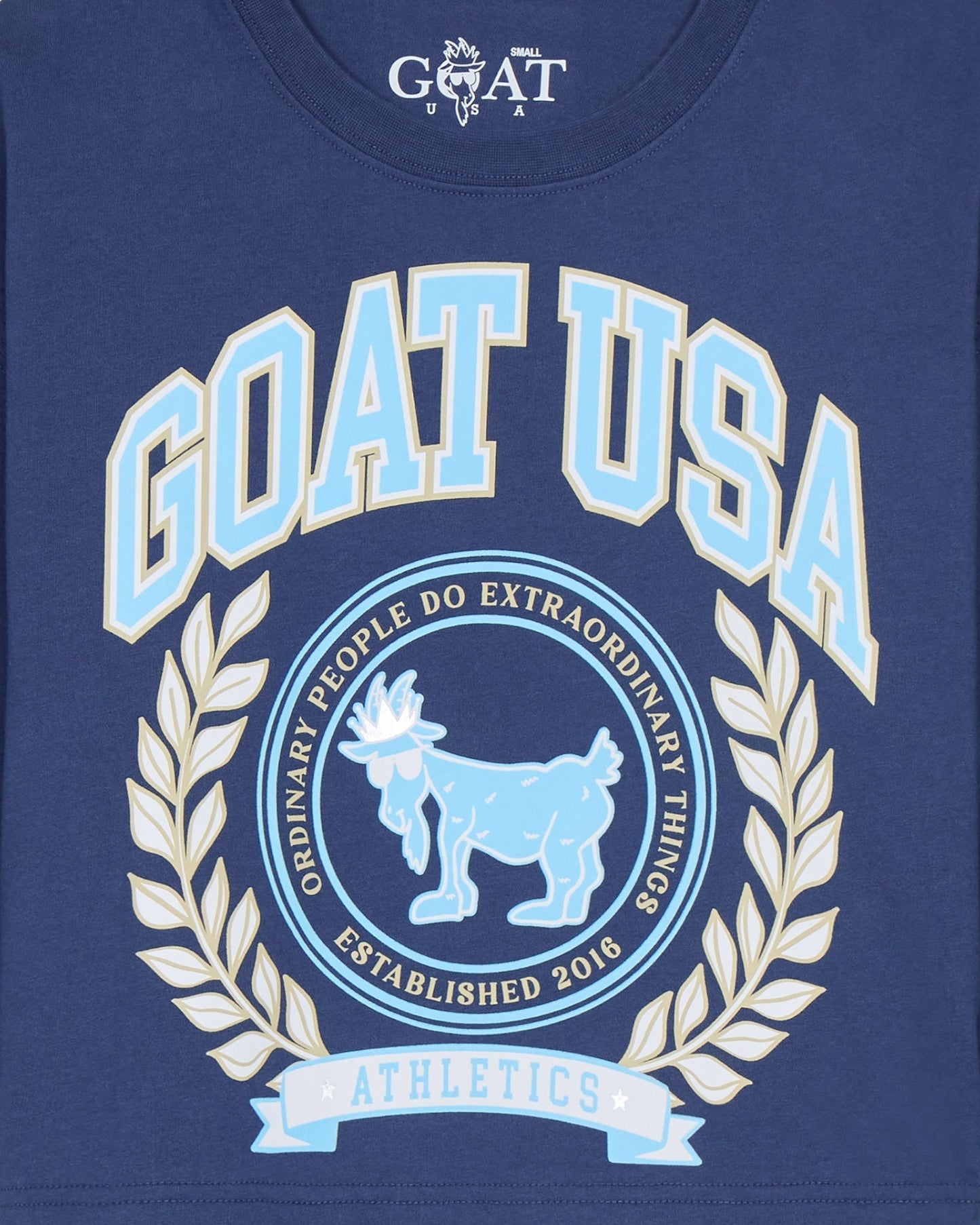 Navy blue t-shirt with 'GOAT USA' branding and logo featuring a goat and laurel leaves.