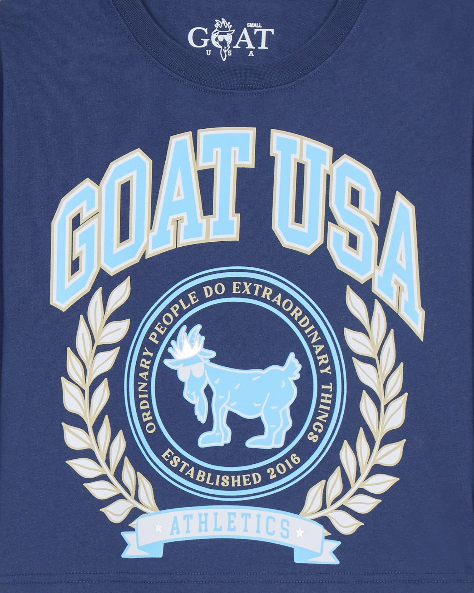 Navy blue t-shirt with 'GOAT USA' branding and logo featuring a goat and laurel leaves.
