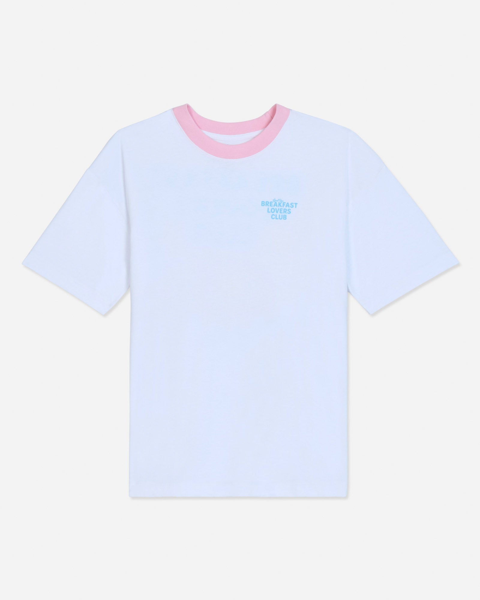 White oversized t-shirt with pink collar and blue left-chest graphic