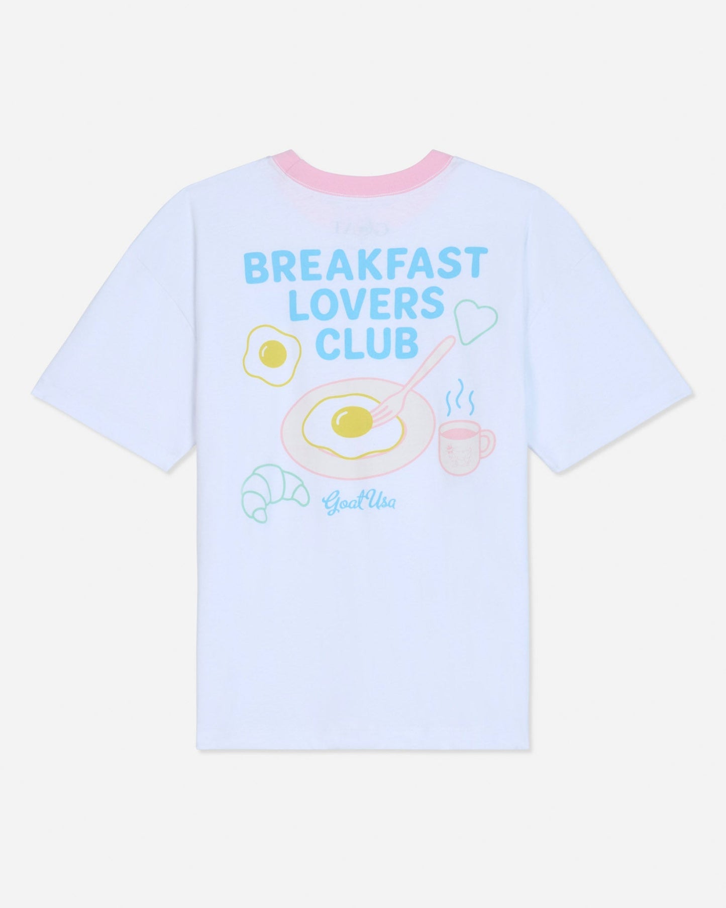 White oversized t-shirt that says 'Breakfast Lovers Club' with various breakfast items