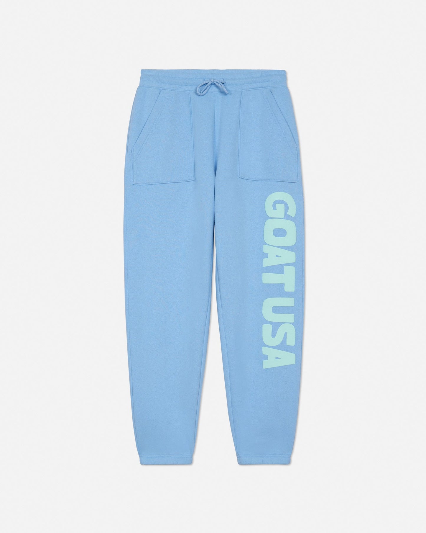 Light blue sweatpants with 'GOAT USA' text on a light gray background#color_carolina-blue