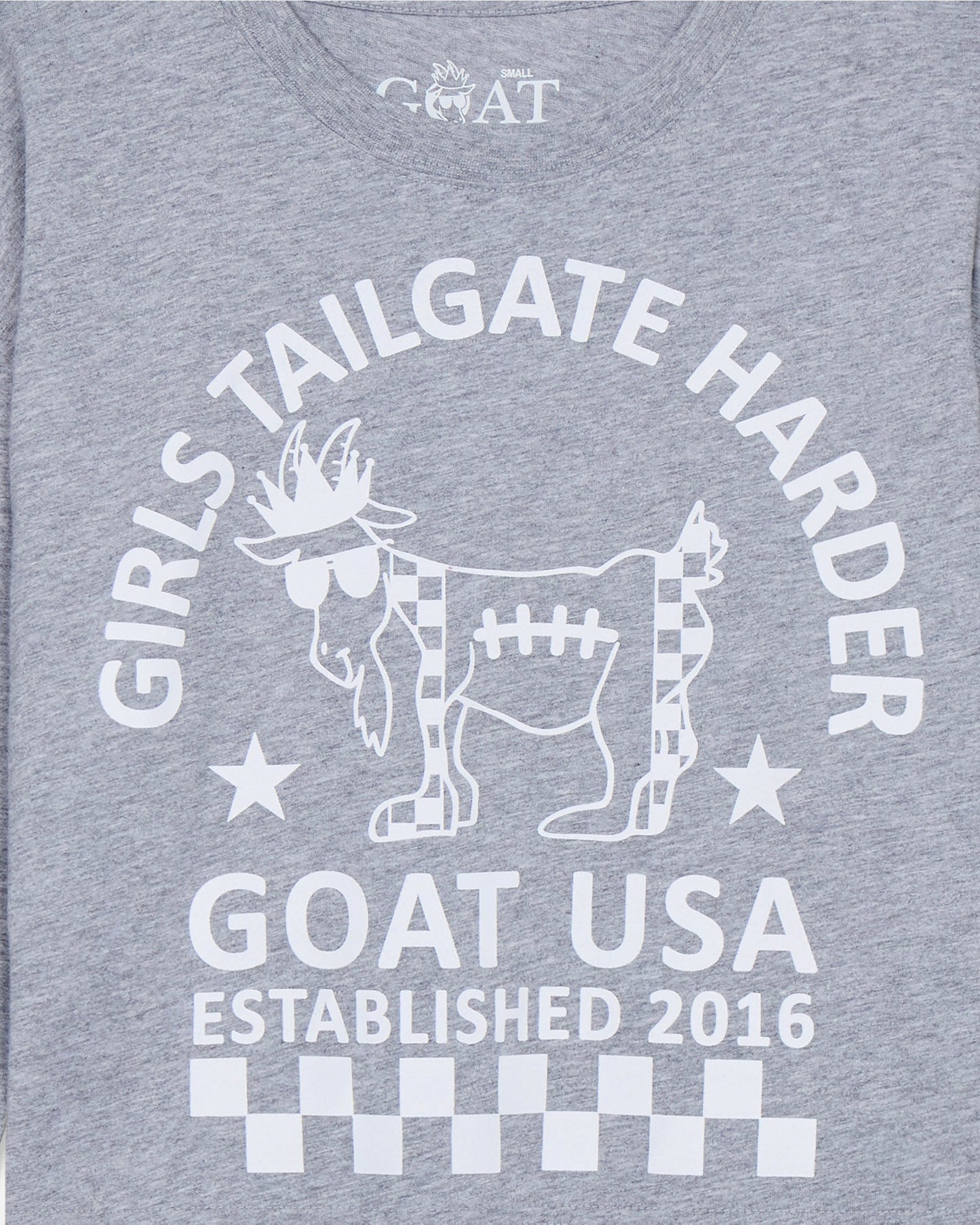 Gray t-shirt with white graphic design and text on a gray background