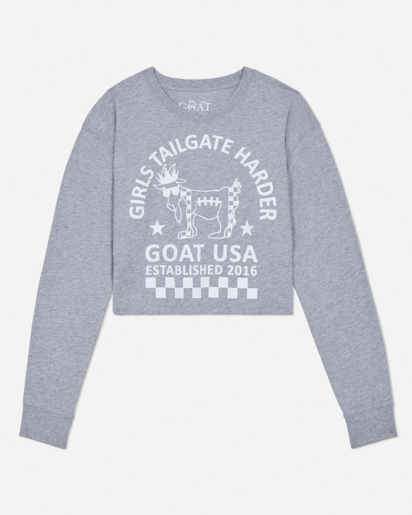 Gray long sleeve with white graphic and text on a light gray background