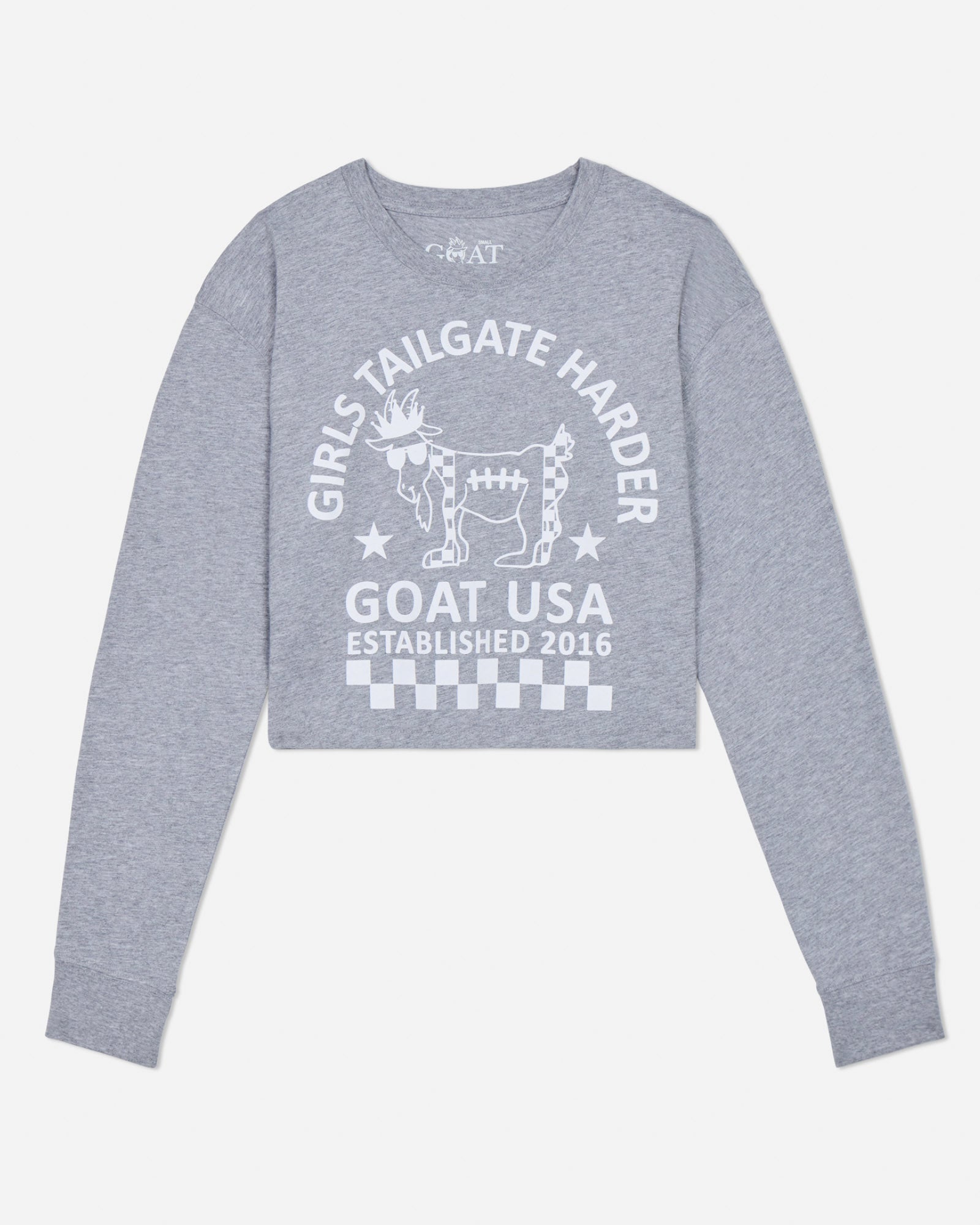 Gray long sleeve with white graphic and text on a light gray background