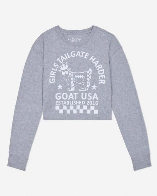 Gray long sleeve with white graphic and text on a light gray background