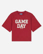 Front of red french terry tee with 'GAME DAY' text#color_tomato
