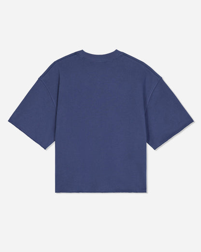 A solid blue short-sleeve t-shirt shown from the back, laid flat against a light gray background.#color_navy