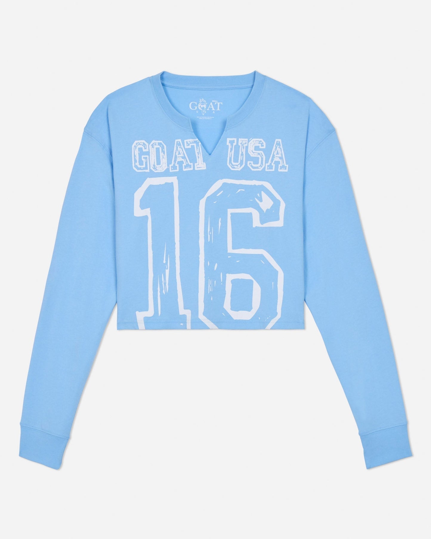 Light blue long-sleeve shirt with 'GOAT USA 16' text on a light gray background