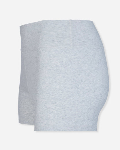 Angled view of pale gray heather biker shorts#color_pale-gray-heather