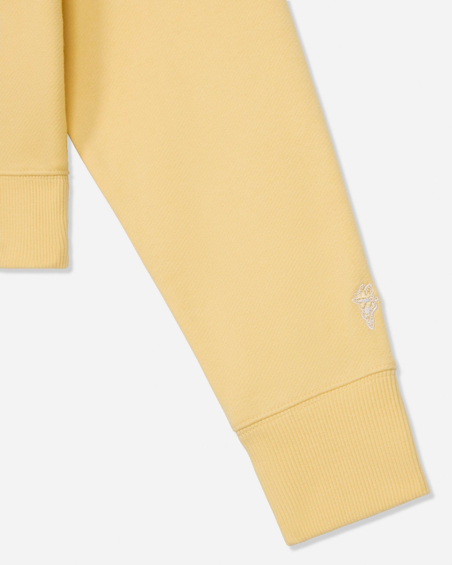 Close-up of sleeve on oversized corn milk crewneck#color_corn-milk