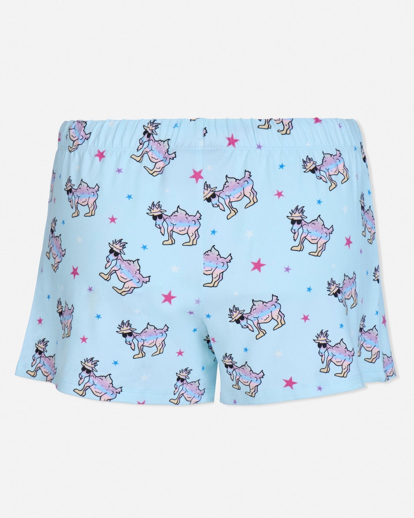 Blue shorts with cartoon goat pattern on a white background