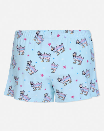 Blue shorts with cartoon goat pattern on a white background