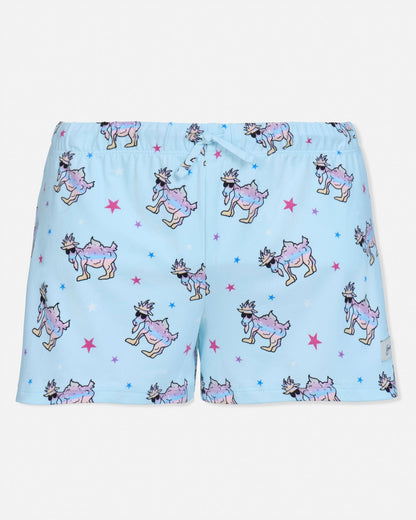 Light blue pajama shorts with cartoon goat pattern on a white background