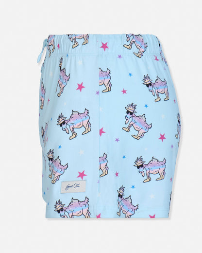 Light blue shorts with cartoon goat print on a white background