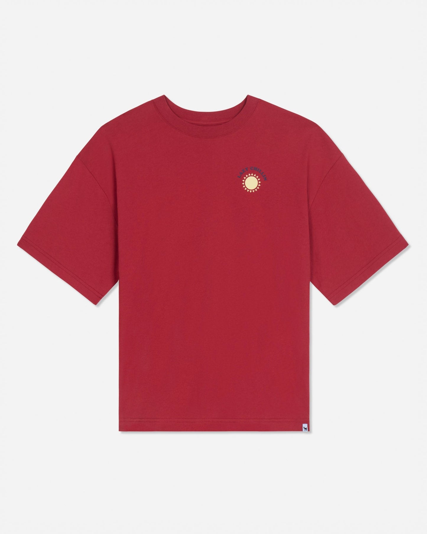 Front of red oversized t-shirt with left-chest graphic