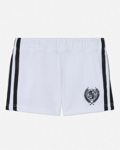 White shorts with black stripes and a logo on a white background#color_white