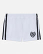 White shorts with black stripes and a logo on a white background#color_white